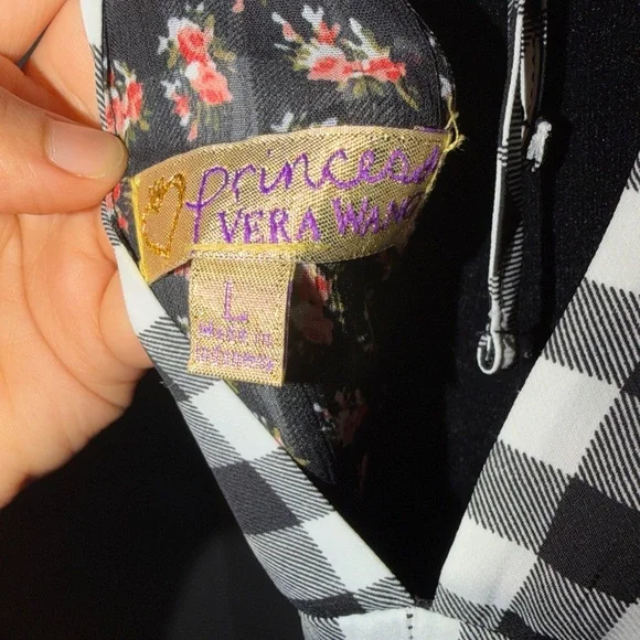 Princess Vera Wang Size L Black White Floral Gingham Dress Spaghetti Strap - Picture 5 of 7
